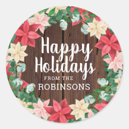 Happy Holidays Poinsettia Dark Wood Runder Aufkleber