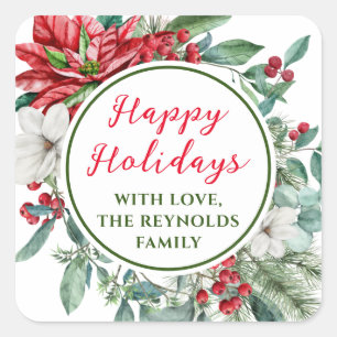 Happy Holidays Poinsettia Floral Bevorzugung Quadratischer Aufkleber