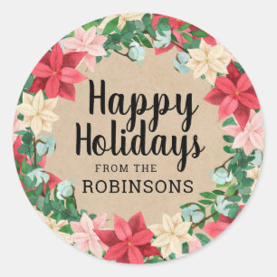 Happy Holidays Poinsettia Kraft Paper Runder Aufkleber
