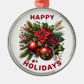 Happy Holidays Poinsettia und Holly Ornament Aus Metall (Vorne)