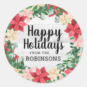 Happy Holidays Poinsettia White Wood Runder Aufkleber