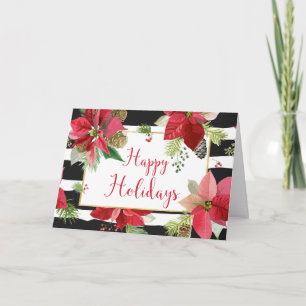 Happy Holidays Poinsettias, Black Stripes Card Feiertagskarte