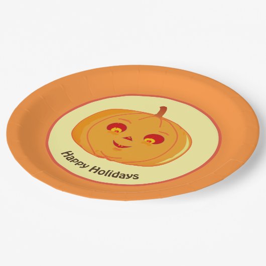 Happy Holidays Pumpkin Face Pappteller (Schrägansicht)