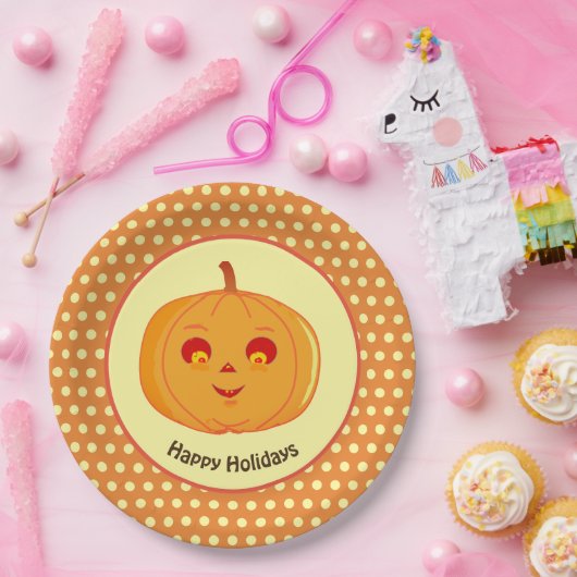 Happy Holidays Pumpkin Face & Polka Dots Pappteller (Party)