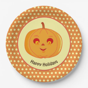Happy Holidays Pumpkin Face & Polka Dots Pappteller
