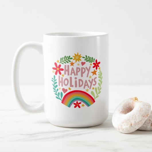Happy Holidays Rainbow Niedlich Hand gezeichnet fa Kaffeetasse (Mit Donut)
