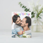 Happy Holidays Rainbow Script LGBTQ Couple Foto Postkarte (Stehend Vorderseite)