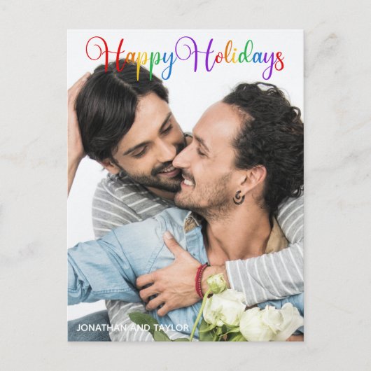 Happy Holidays Rainbow Script LGBTQ Couple Foto Postkarte (Vorderseite)