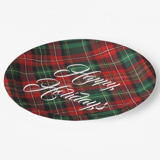Happy Holidays Red and Green Tartan Kariert Pappteller (Schrägansicht)