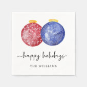 Happy Holidays Red Blue Watercolor Ornaments Chic Serviette (Vorderseite)