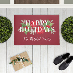 Happy Holidays Red Christmas Floral Name Fußmatte