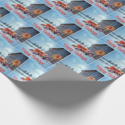 Happy Holidays Red Farm Tractor In Snow Geschenkpapier (Ecke)