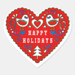 Happy Holidays Red Folk Art Heart Herz-Aufkleber