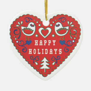 Happy Holidays Red Folk Art Heart Keramik Ornament