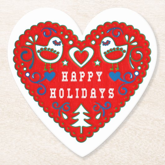 Happy Holidays Red Folk Art Heart Untersetzer (Vorderseite)