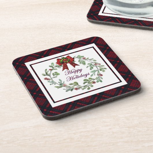 Happy Holidays Red Kariert Getränkeuntersetzer (Linke Seite)