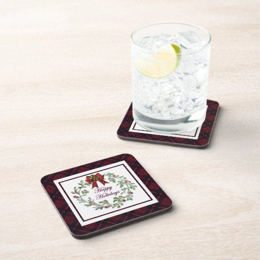 Happy Holidays Red Kariert Getränkeuntersetzer (Rechte Seite)