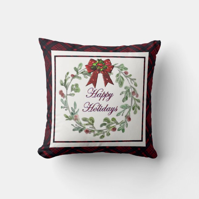 Happy Holidays Red Kariert Kissen (Vorderseite)