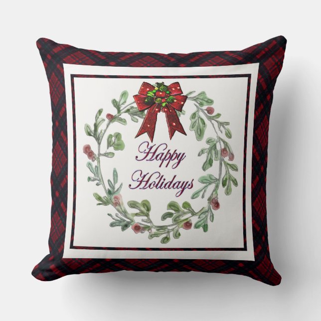 Happy Holidays Red Kariert Kissen (Vorderseite)