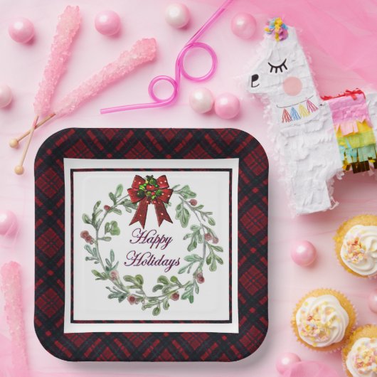 Happy Holidays Red Kariert Pappteller (Party)