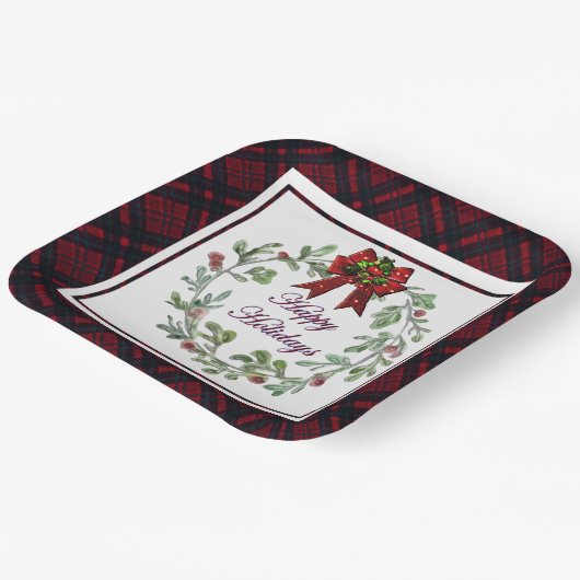 Happy Holidays Red Kariert Pappteller (Gewinkelt)