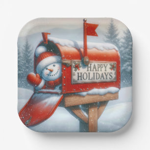 Happy Holidays Red Mailbox mit aufstrebendem Schne Pappteller