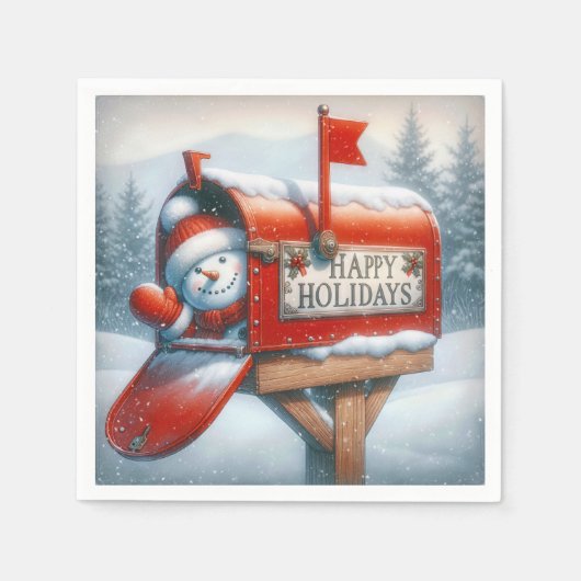 Happy Holidays Red Mailbox mit aufstrebendem Schne Serviette (Vorderseite)