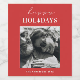 Happy Holidays | Red Modern Christmas Winter Foto Weinetikett