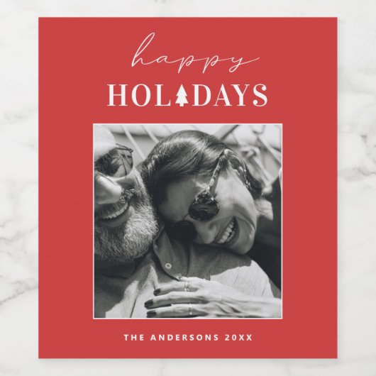 Happy Holidays | Red Modern Christmas Winter Foto Weinetikett (Einzelnes Label)