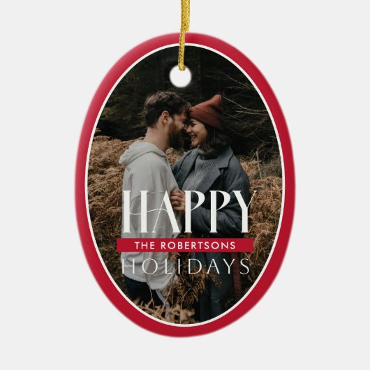 Happy Holidays Red Oval Frame Foto Card Keramik Ornament (Vorne)