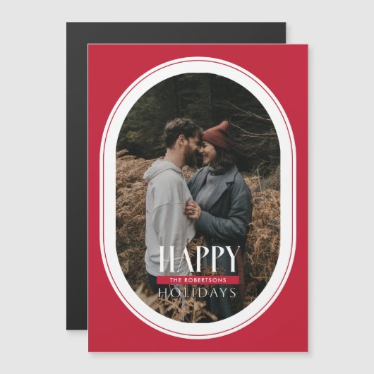 Happy Holidays Red Oval Frame Foto Card Magneteinladung (Vorne/Hinten)