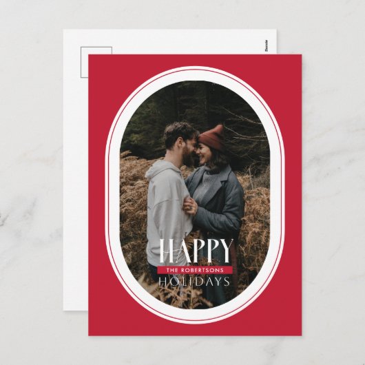Happy Holidays Red Oval Frame Foto Postkarte (Vorne/Hinten)