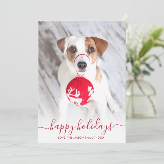 Happy Holidays Red Script 2 Foto Weihnachten (Stehend Vorderseite)