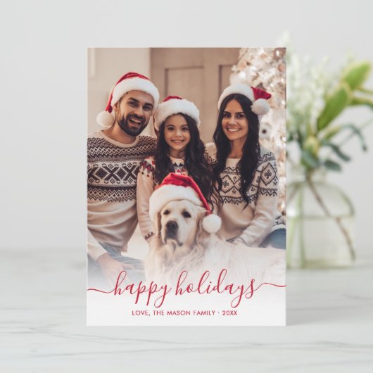 Happy Holidays Red Script 2 Foto Weihnachten (Stehend Vorderseite)