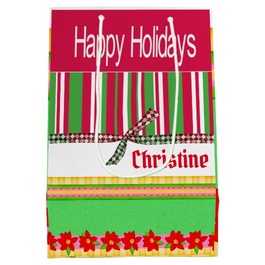 Happy Holidays Red Stripe Weihnachtsgeschenke Tasc Mittlere Geschenktüte (Rückseite)