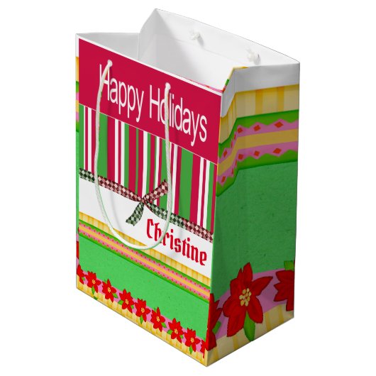 Happy Holidays Red Stripe Weihnachtsgeschenke Tasc Mittlere Geschenktüte (Rückseite Schrägansicht)