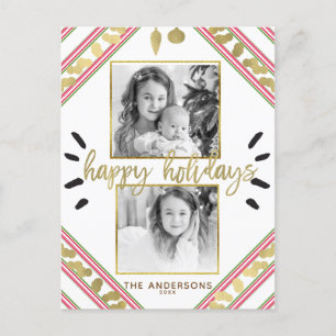 Happy Holidays Red White Green Stripes Foto Feiertagspostkarte
