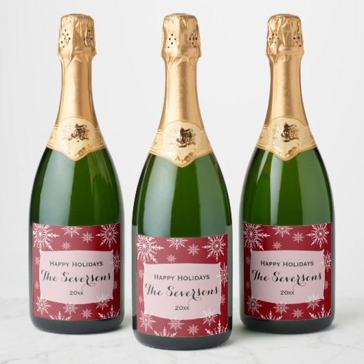 Happy Holidays Red White Snowflakes Schaumweinetikett (Flaschen)