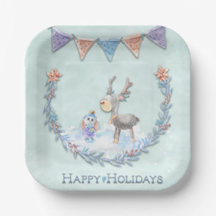 Happy Holidays Reindeer Bunny Wreath Snow Scene Pappteller