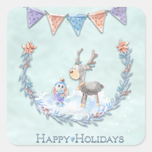Happy Holidays Reindeer Bunny Wreath Snow Scene Quadratischer Aufkleber (Vorderseite)