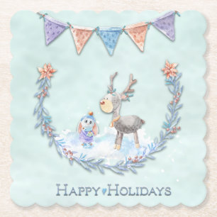 Happy Holidays Reindeer Bunny Wreath Snow Scene Untersetzer