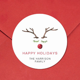 Happy Holidays Reindeer Watercolor Weihnachten Runder Aufkleber