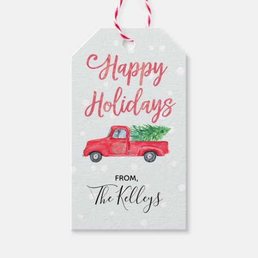 Happy Holidays | Retro Red Truck Geschenkanhänger (Vorderseite)