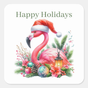 Happy Holidays rosa Flamingo Weihnachten Quadratischer Aufkleber