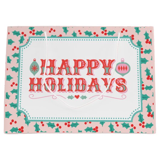 Happy Holidays | Rosa und Rot Holly Große Geschenktüte (Vorderseite)