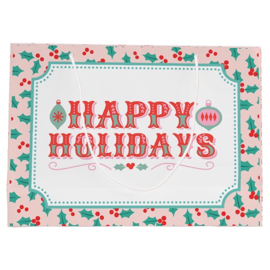 Happy Holidays | Rosa und Rot Holly Große Geschenktüte (Rückseite)