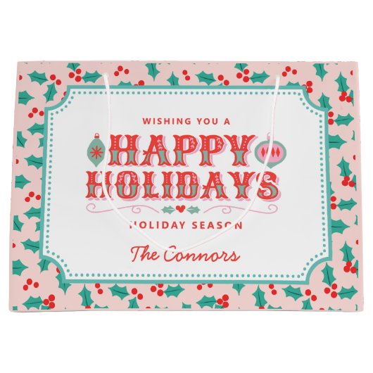Happy Holidays | Rosa und Rot Holly | Personalisie Große Geschenktüte (Vorderseite)
