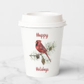 Happy Holidays Roter Kardinal auf Kiefernzweig Pappbecher (Rückseite)