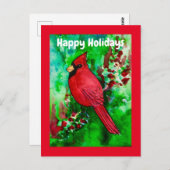 Happy Holidays Roter Kardinal Bird Green Forest Postkarte (Vorne/Hinten)