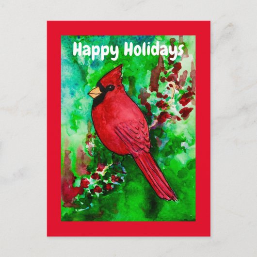 Happy Holidays Roter Kardinal Bird Green Forest Postkarte (Vorderseite)